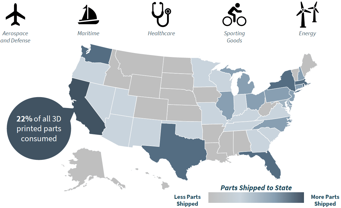US Map of States by 3D printed parts shipped